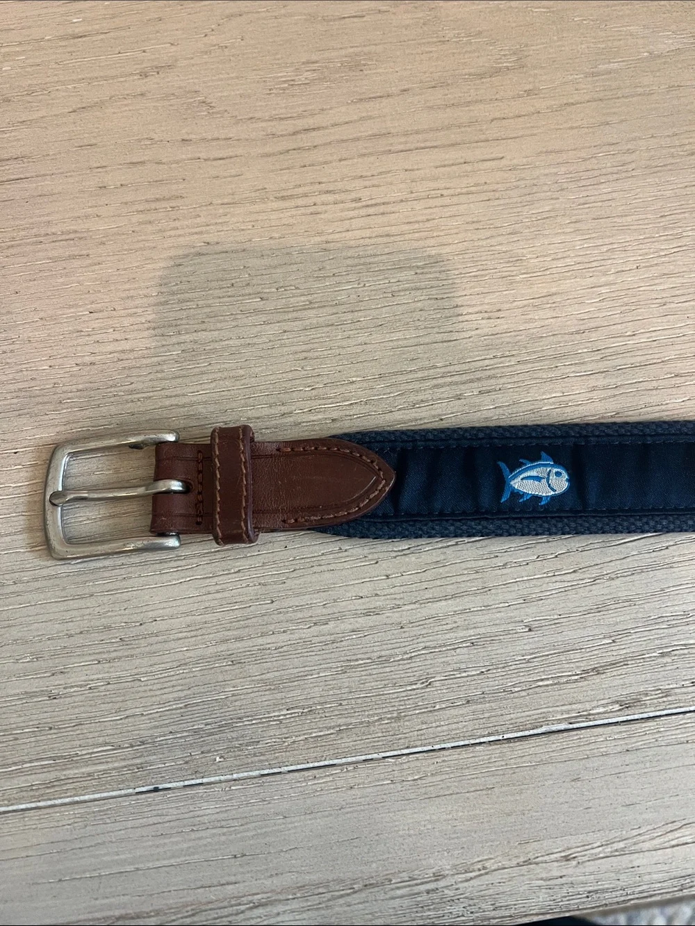 Boys Southern Tide Skipjack ribbon belt size 26 navy and brown leather